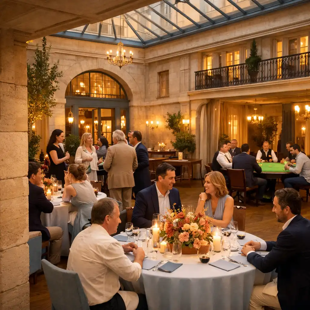 Dîner immersif dans une cour intérieure parisienne lumineuse avec invités et table de poker au loin