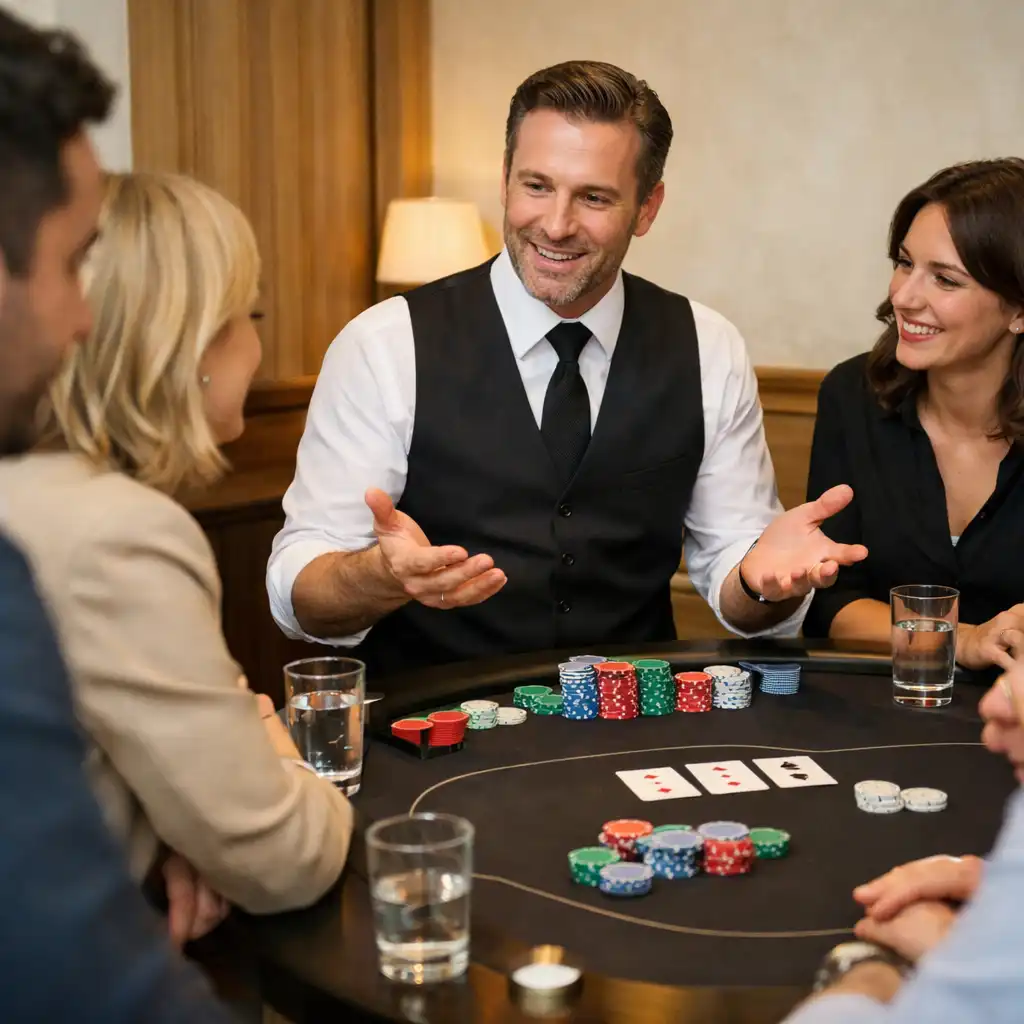 Animateur et invités échangeant autour d’une table de poker lors d’un événement d’entreprise