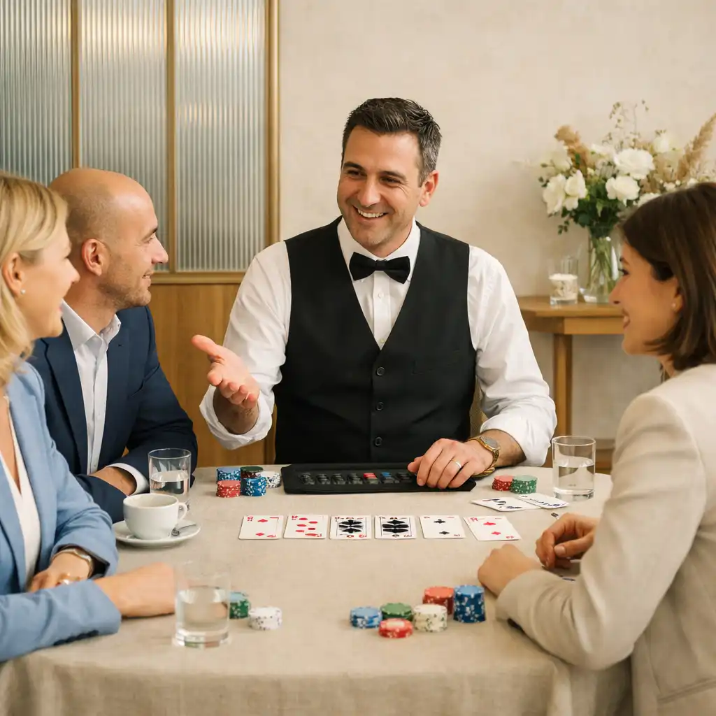 Animateur expliquant une animation poker à des invités lors d’un networking professionnel