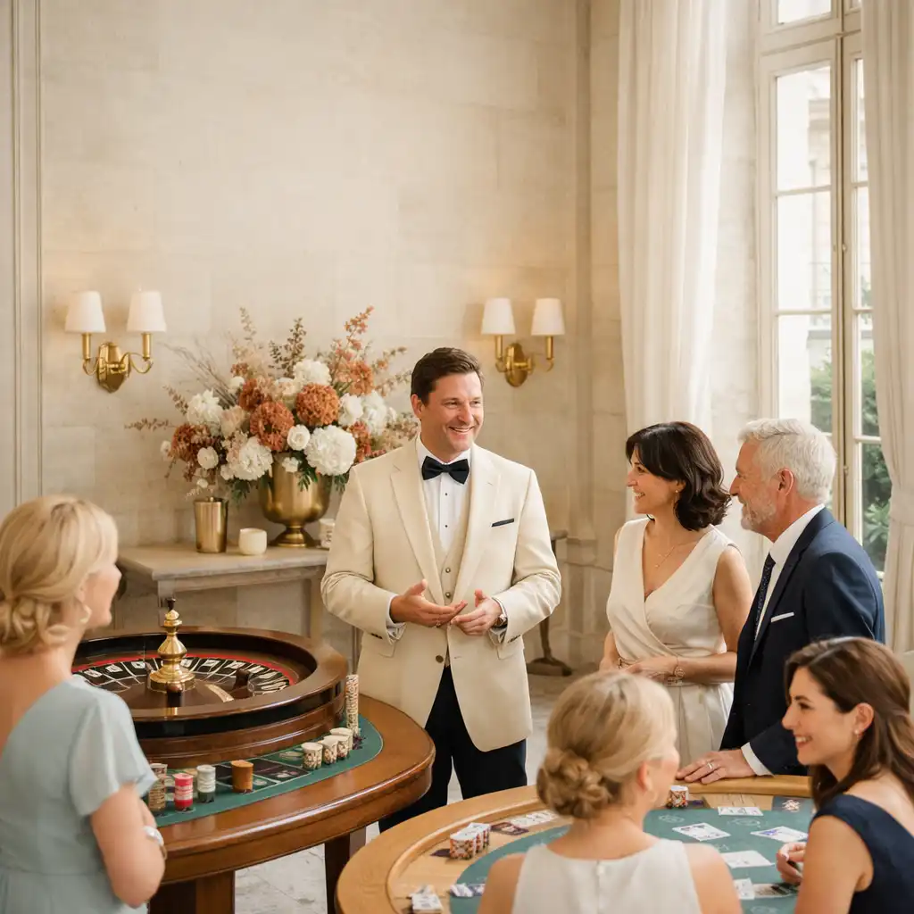 Réception lumineuse autour d’une table de roulette et d’une table de poker dans un décor parisien élégant