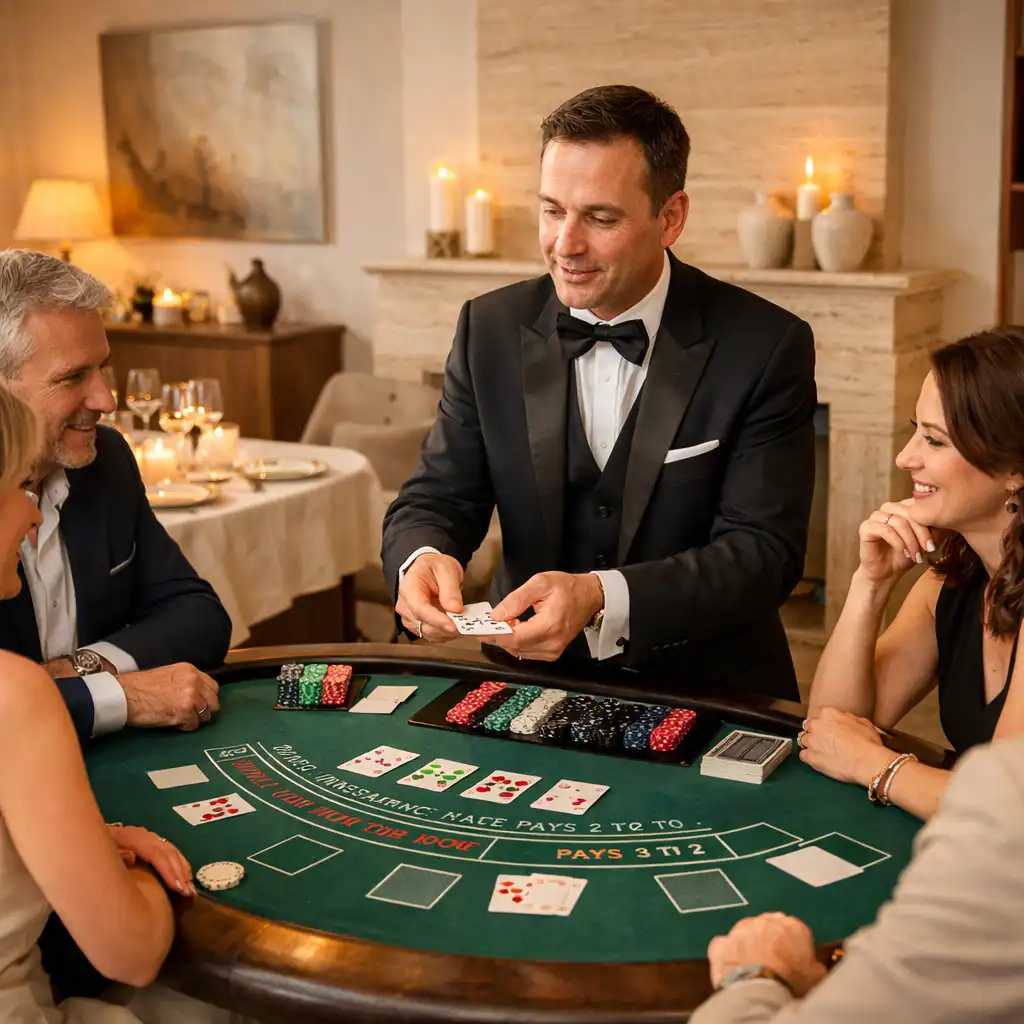 Réception au coucher du soleil dans un lieu parisien avec tables de poker et de roulette élégantes, fleurs terracotta et linge blanc
