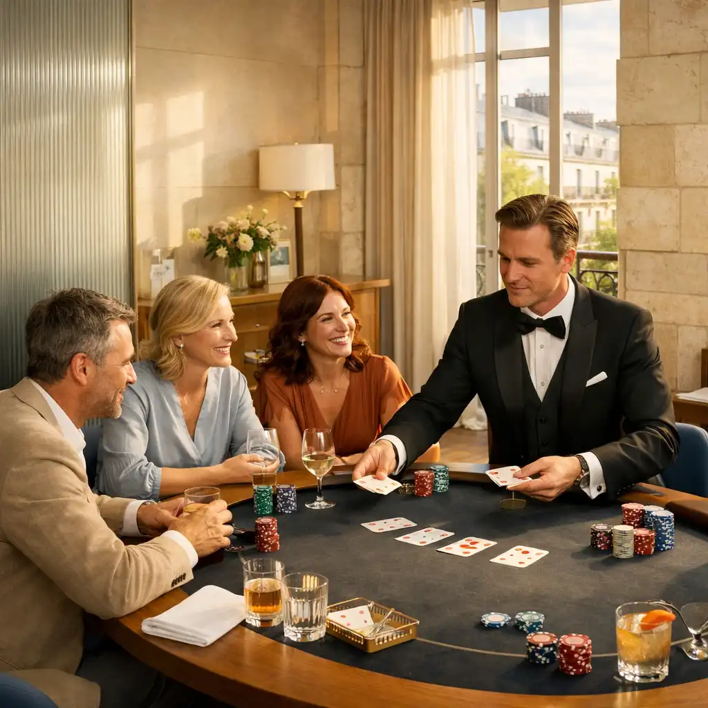 Animateur distribuant des cartes autour d’une table de poker lors d’une réception parisienne lumineuse