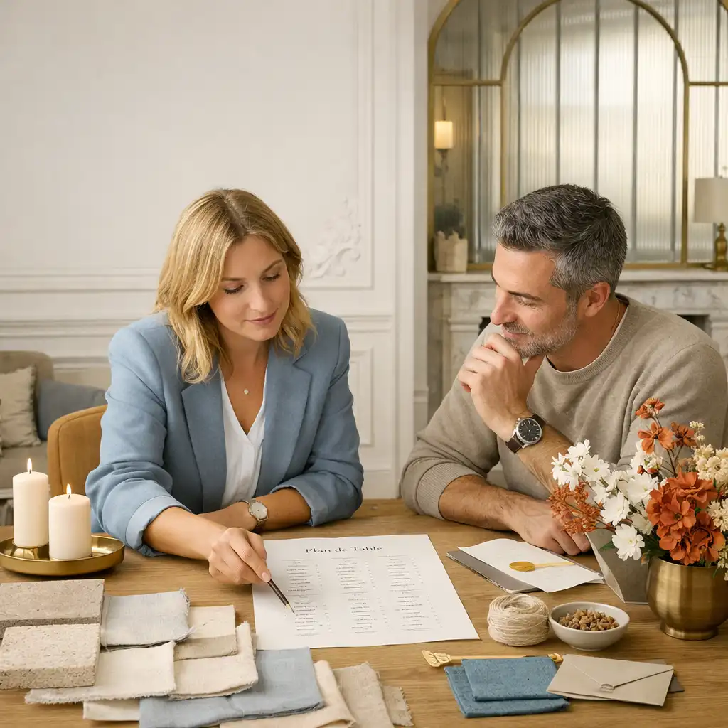 Directrice artistique et client préparant une réception autour d’échantillons, de fleurs et d’un plan de table
