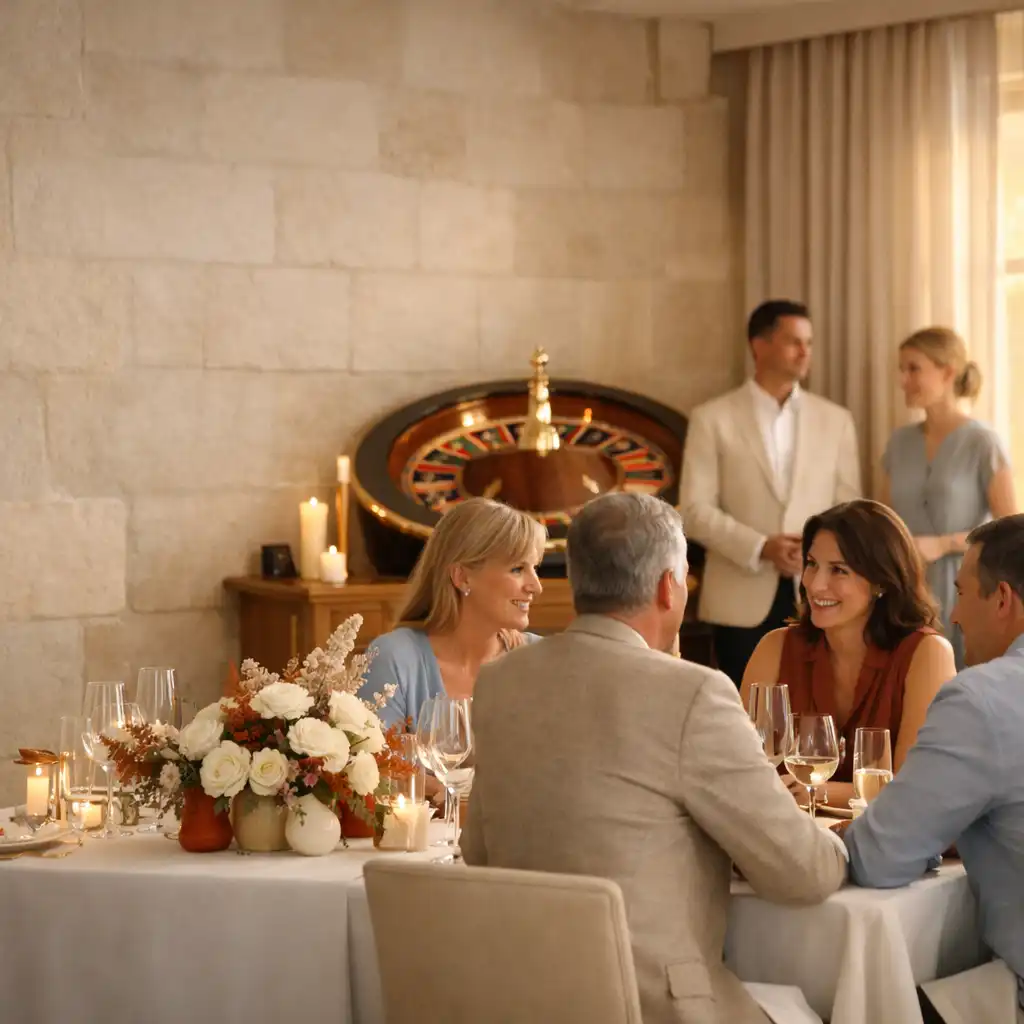 Dîner immersif avec une roulette élégamment intégrée à une table décorée dans une salle française lumineuse