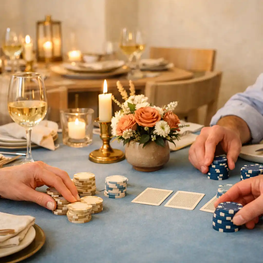 Mains d'invités autour d'une table de poker élégante au cours d'un dîner privé