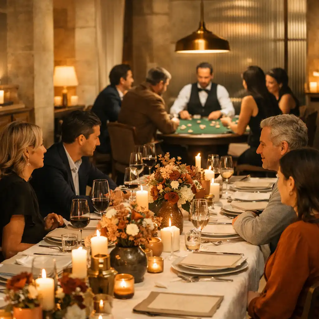 Dîner immersif dans une salle parisienne avec longue table et animation en arrière-plan