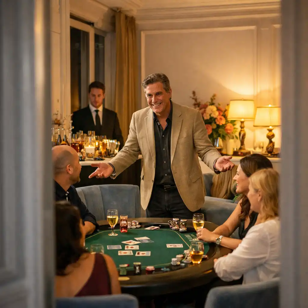 Réception privée dans un salon parisien avec invités et table de poker décorative