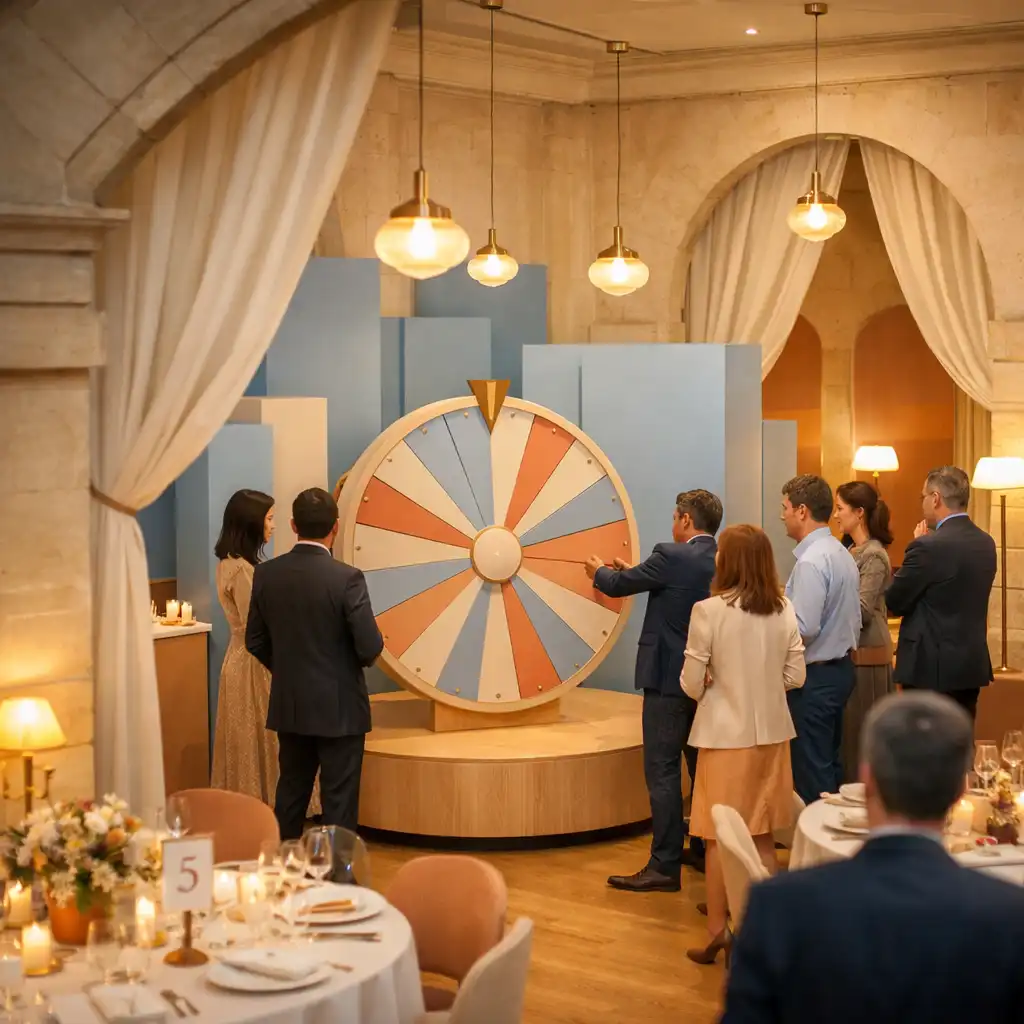 Invités découvrant une roulette événementielle dans une scénographie bleu poudré