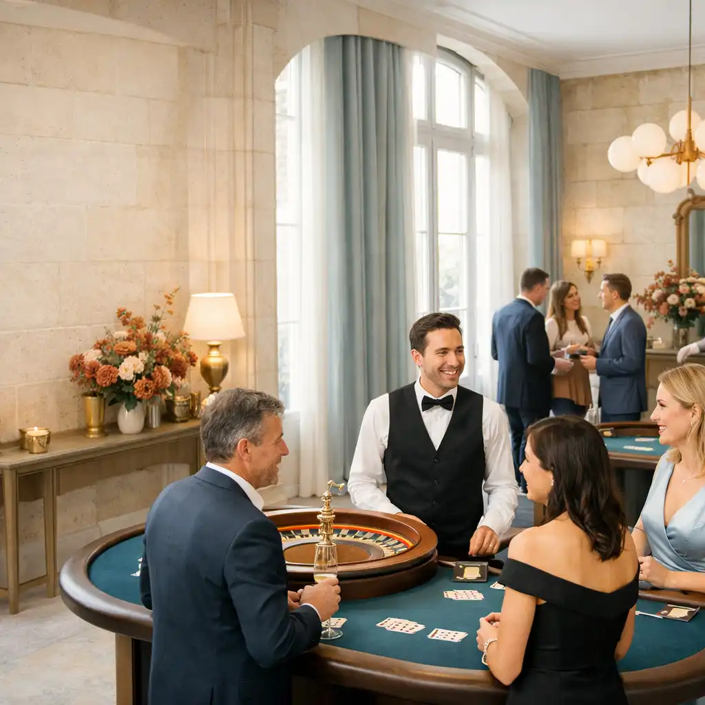Réception d’entreprise parisienne lumineuse avec table de roulette événementielle, invités et animateur