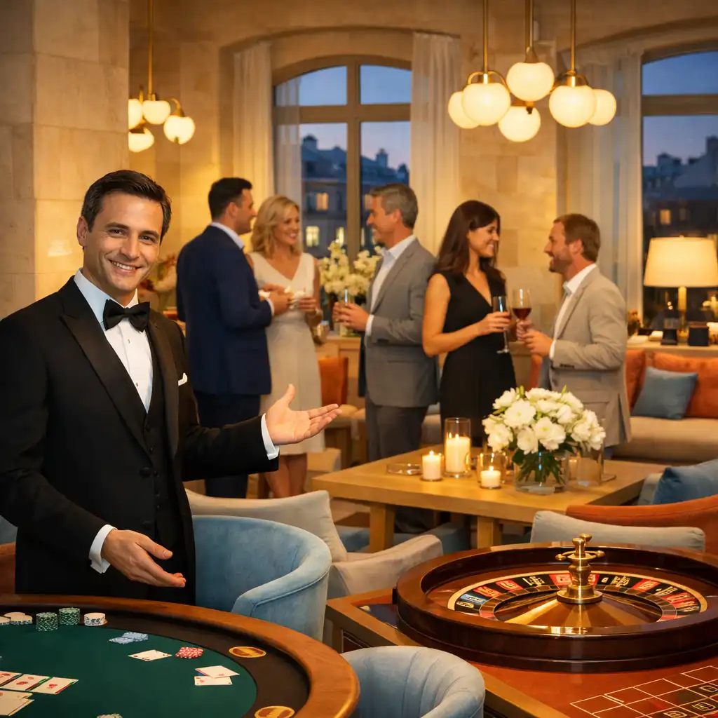 Croupier et invités autour de tables de poker et de roulette lors d’une réception élégante à Paris