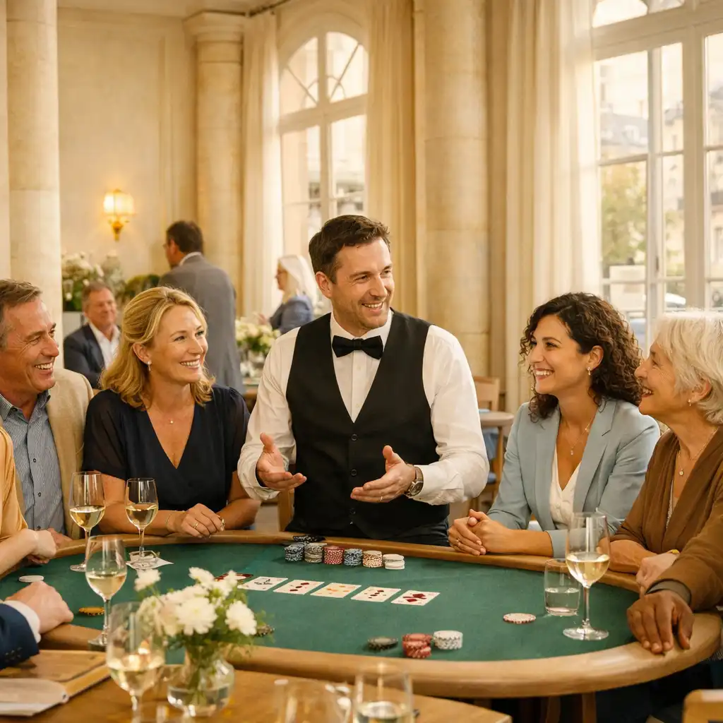 Invités échangeant avec un croupier lors d’une animation poker dans un salon parisien lumineux