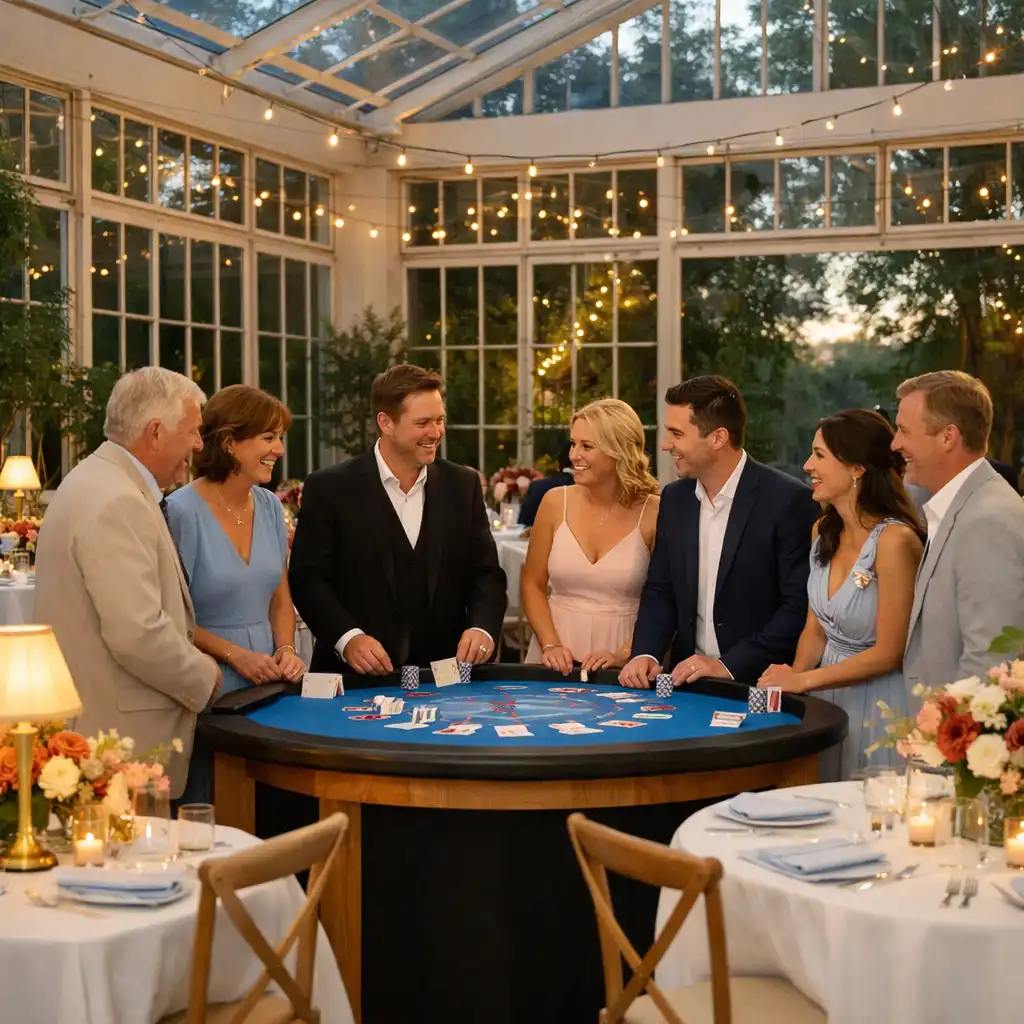 Réception de célébration lumineuse avec une table de blackjack élégante, fleurs et invités adultes