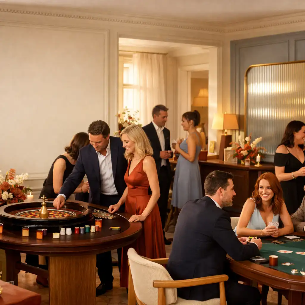 Invités adultes réunis autour de tables de roulette et de poker dans un salon parisien lumineux