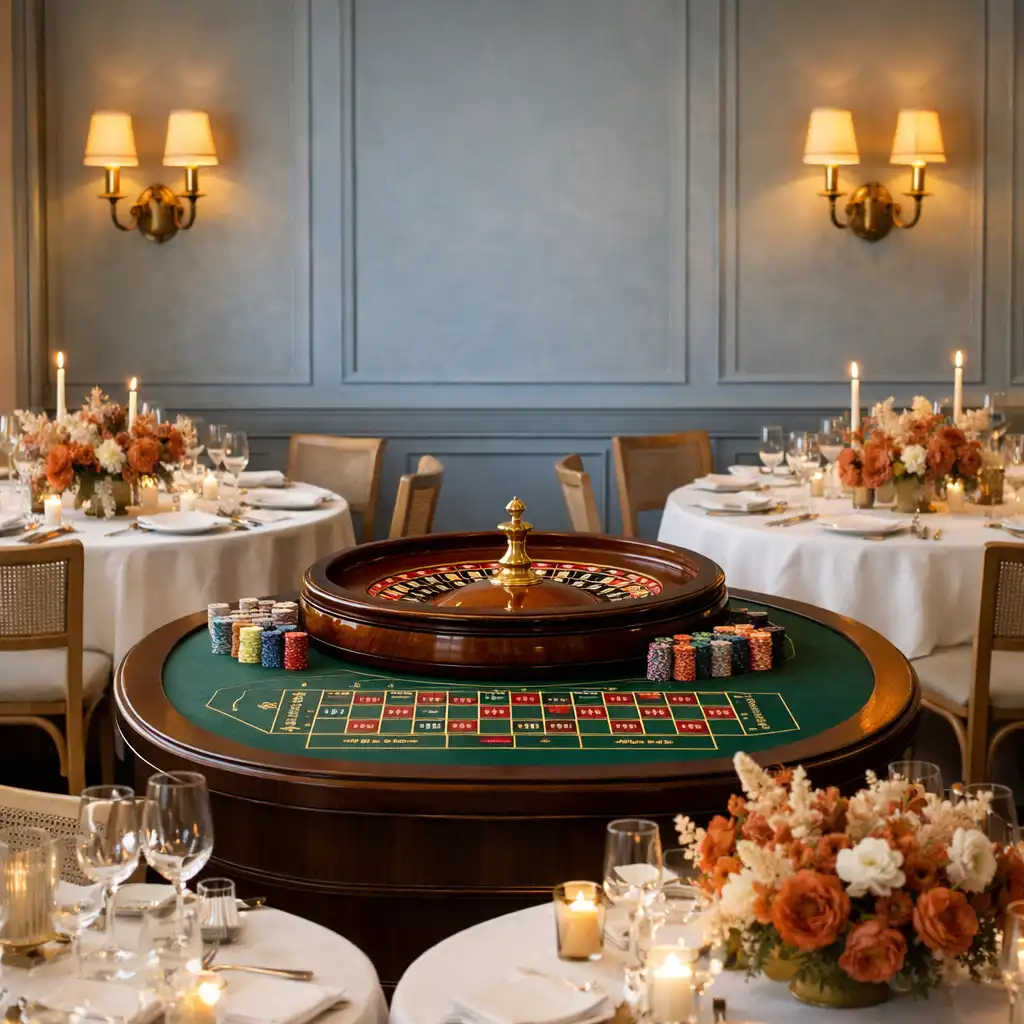 Salle de réception lumineuse avec table de roulette, nappes en lin et mobilier en chêne pâle
