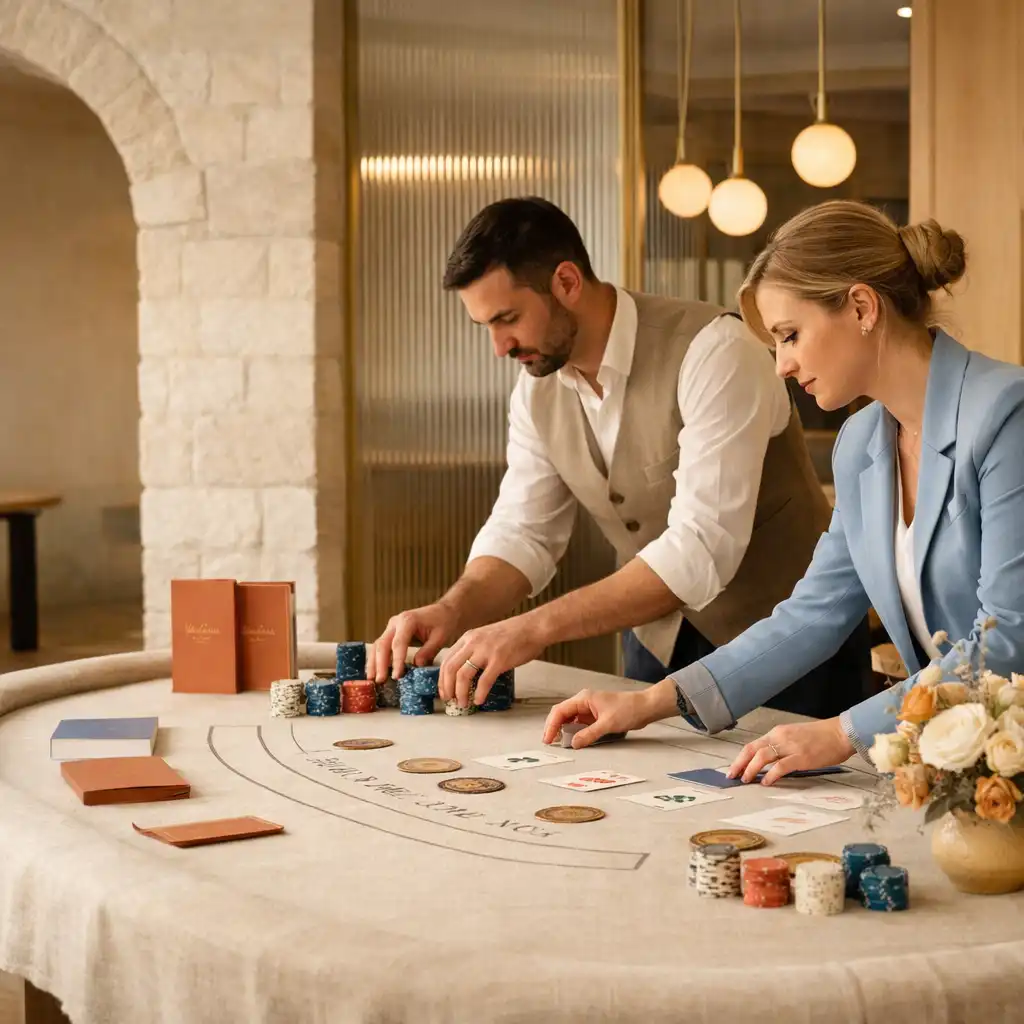 Professionnels préparant une table de blackjack décorée dans une galerie parisienne lumineuse