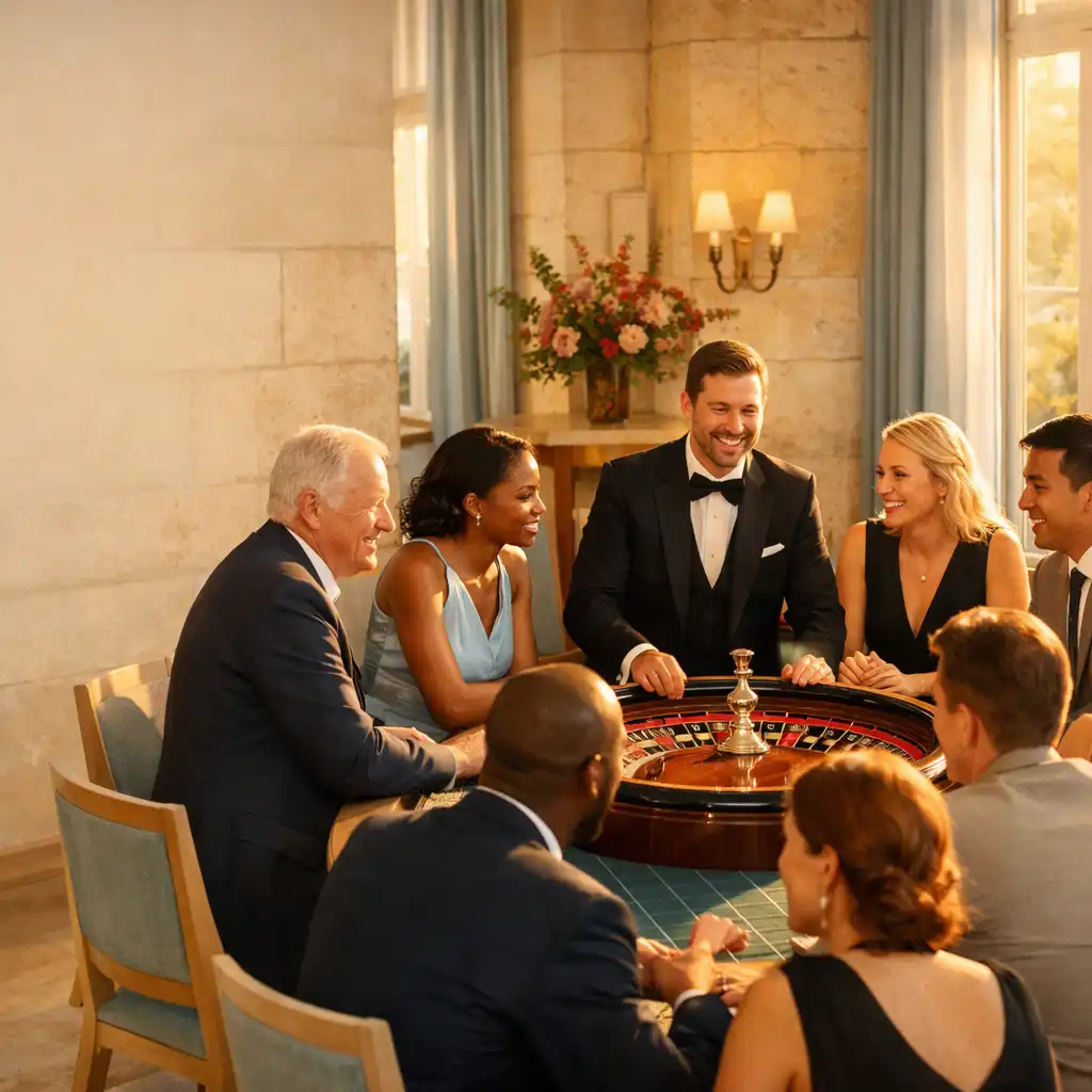 Invités échangeant avec un animateur autour d’une table de roulette lors d’une réception professionnelle lumineuse