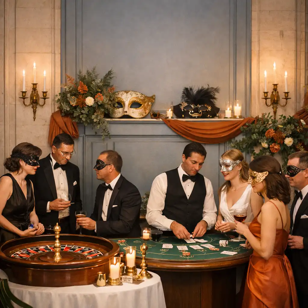 Invités adultes masqués échangeant près d'une table de roulette événementielle dans une salle parisienne lumineuse