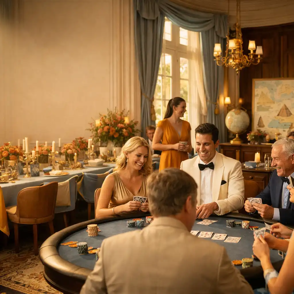Grande réception dans un hôtel particulier français avec tables de dîner, fleurs terracotta et invités participant à une animation conviviale