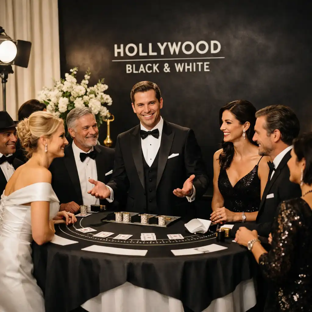 Invités élégants et animateur autour de tables de blackjack de divertissement dans une galerie contemporaine noir et blanc
