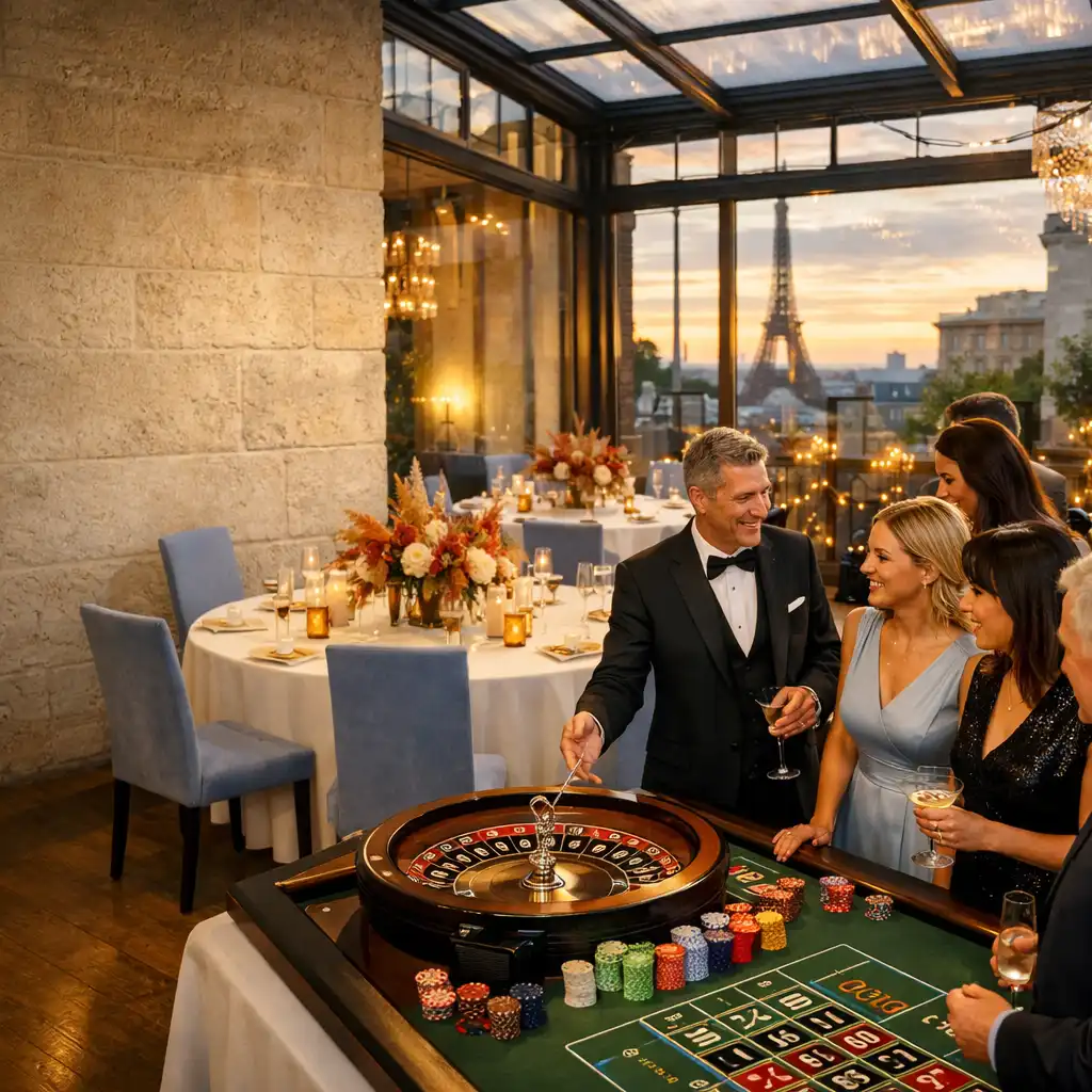 Invités adultes échangeant autour d'une réception élégante avec une table de roulette événementielle dans un salon parisien lumineux